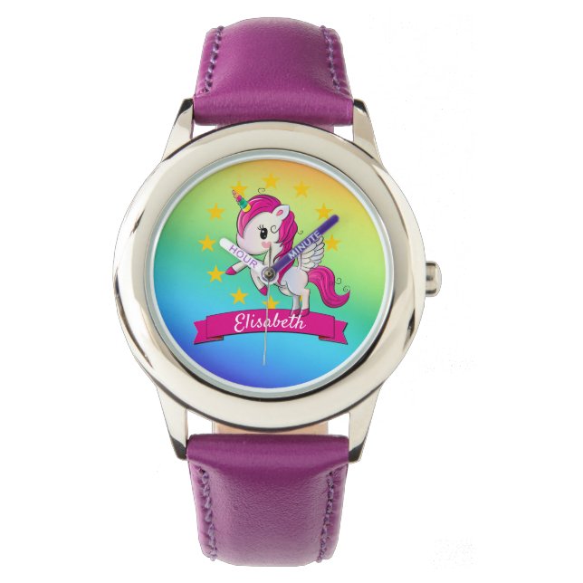 Niedliche Farbenfrohe magische Einhorn Kinder Name Armbanduhr (Vorderseite)