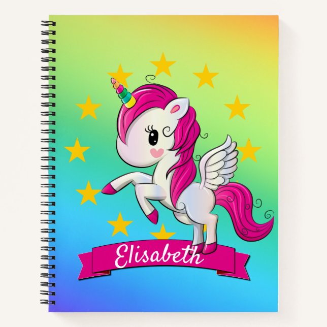 Niedliche Farbenfrohe magische Einhorn Kinder Name Notizbuch (Vorderseite)