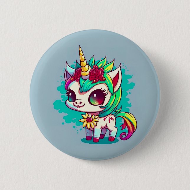 Niedliche Farbenfrohe magische Kreatur Einhorn Kun Button (Vorderseite)