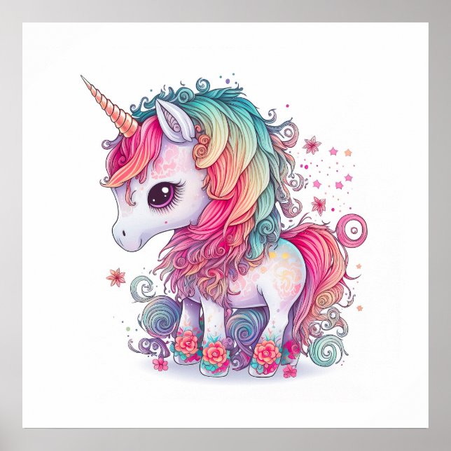 Niedliche Farbenfrohe magische Kreatur Einhorn Kun Poster (Vorne)