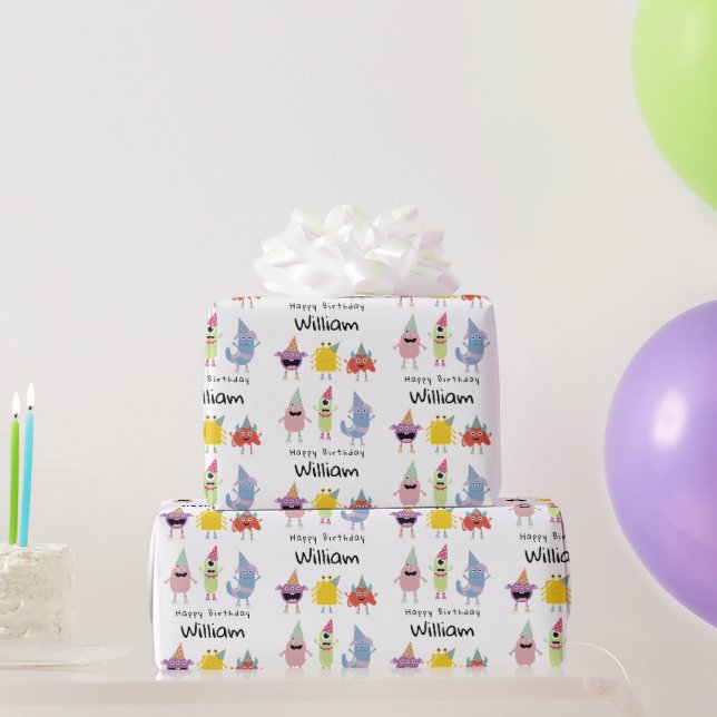 Niedliche farbenfrohe Monster Witziger Kindergebur Geschenkpapier (Partygeschenke)