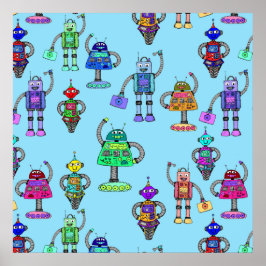 Niedliche, farbenfrohe Roboter auf blauem Hintergr Poster