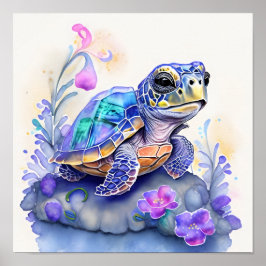 Niedliche, farbenfrohe Schildkröte umgeben von Blu Poster