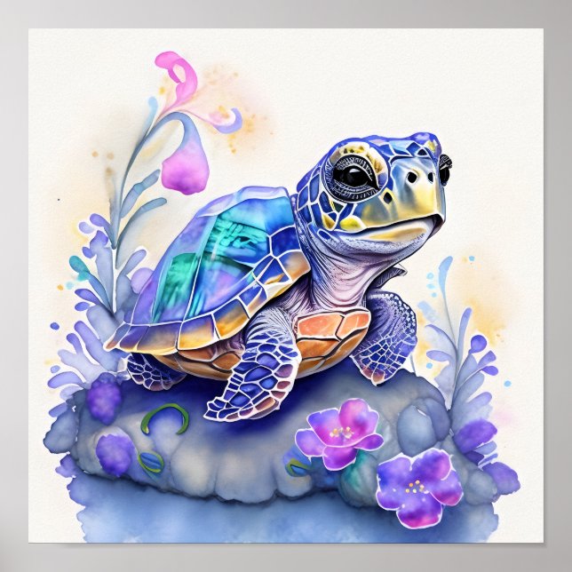 Niedliche, farbenfrohe Schildkröte umgeben von Blu Poster (Vorne)