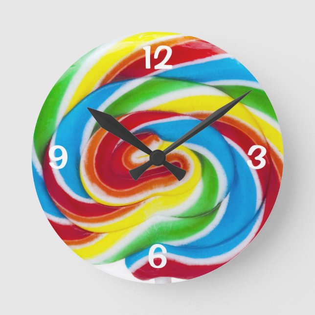 Niedliche Farbenfrohe süße Candy Rainbow Lollipop Runde Wanduhr (Vorderseite)