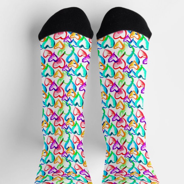 Niedliche farbenfrohe Wasserfarbenherzen Socken (Oben)
