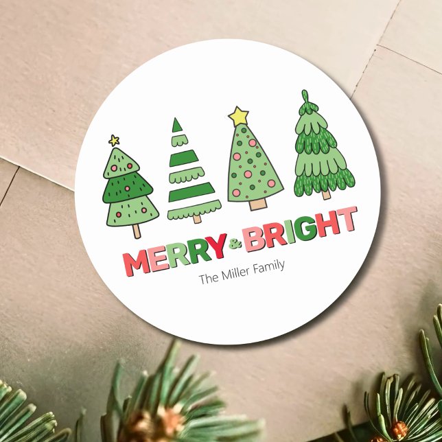 Niedliche, farbenfrohe Weihnachten froh und hell Runder Aufkleber (Cute Colorful Christmas Merry And Bright Classic Round Sticker)