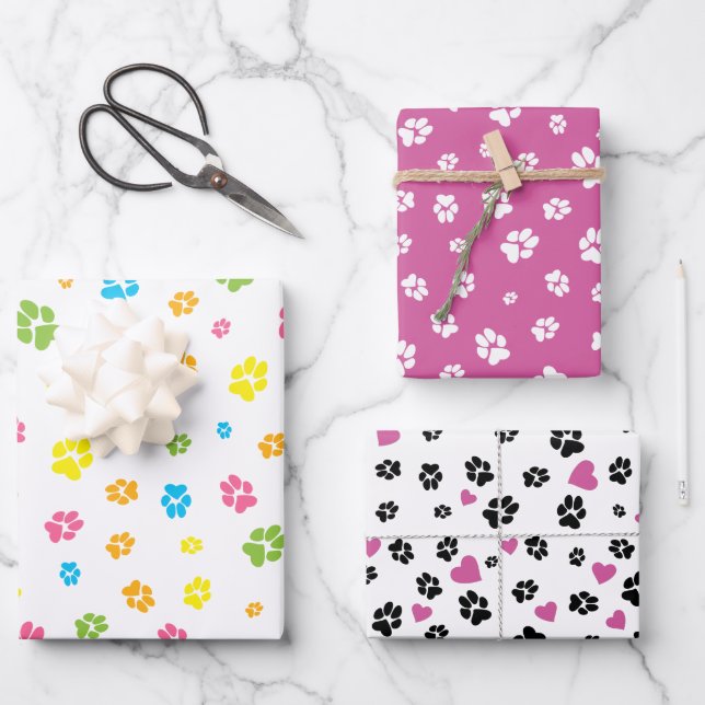 Niedliche Farbenmuster von Pfoten und Herz Geschenkpapier Set (Vorderseite)