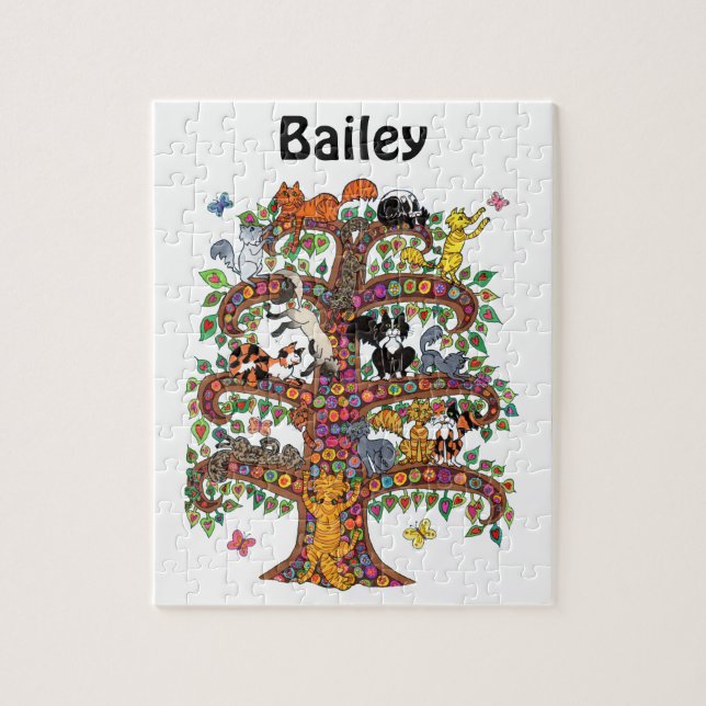 Niedliche Farbige Baumkatzen Blume Monogramm Name (Vertikal)