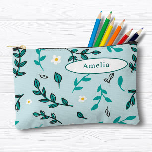 Niedliche farbige Blume Blätter Blue Pencil Case Zubehörtasche