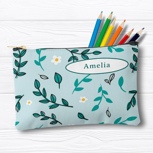 Niedliche farbige Blume Blätter Blue Pencil Case Zubehörtasche (Von Creator hochgeladen)