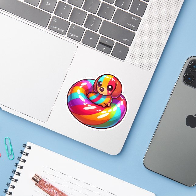 Niedliche farbige Dackel im Regenbogenbecken Schwi Aufkleber (Laptop mit iPhone)