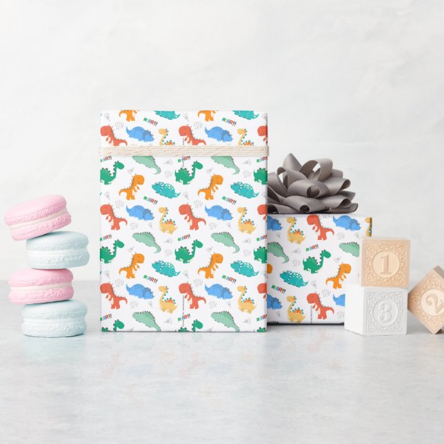 Niedliche Farbige Dinosaurier Illustriertes Muster Geschenkpapier (Babyparty)
