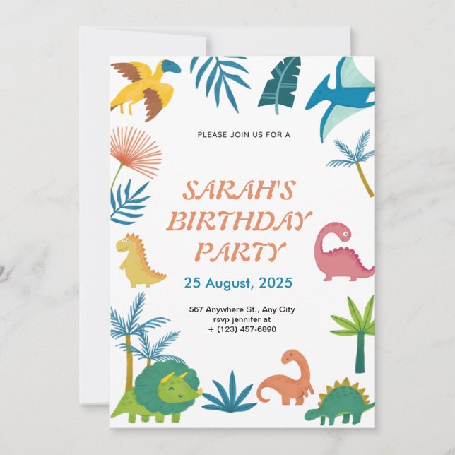 Niedliche farbige Dinosaurier zum Geburtstag Einla Einladung (Vorderseite)