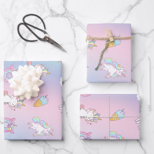Niedliche farbige Einhornpastellblume Regenbogen D Geschenkpapier Set (Vorderseite)