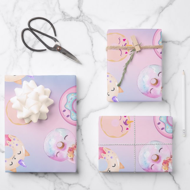 Niedliche farbige Einhornpastellblume Regenbogen D Geschenkpapier Set (Vorderseite)