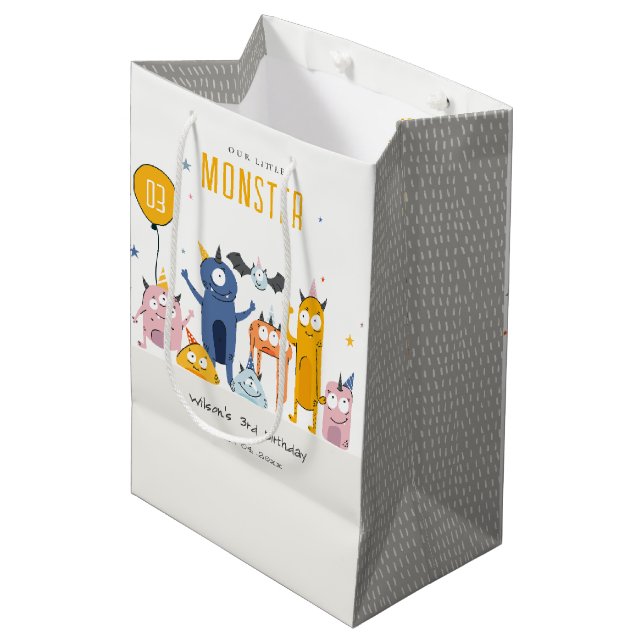 Niedliche Farbige Gelbe Party Monster Kindergeburt Mittlere Geschenktüte (Vorderseite Schrägansicht)
