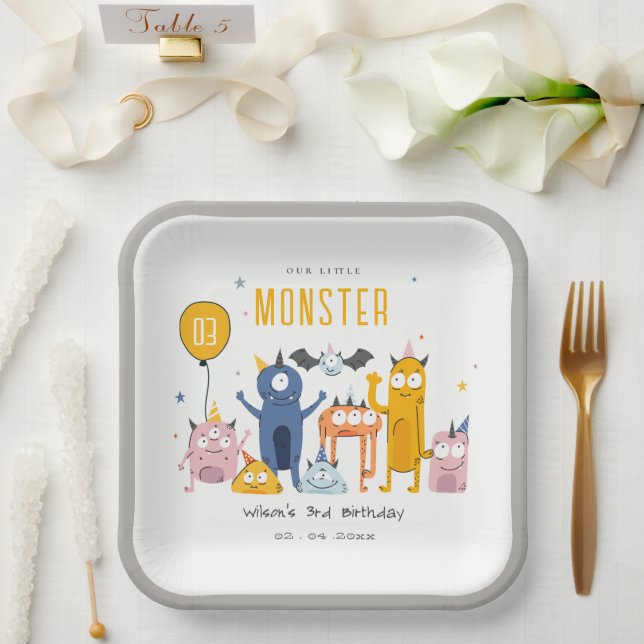Niedliche Farbige Gelbe Party Monster Kindergeburt Pappteller (Hochzeit)