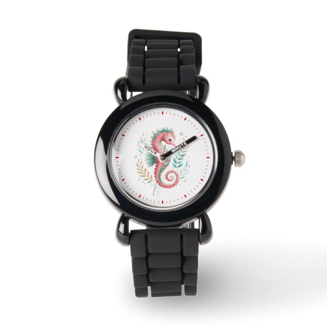 Niedliche Farbige Glitterie Seepferd Illustration Armbanduhr (Vorderseite)