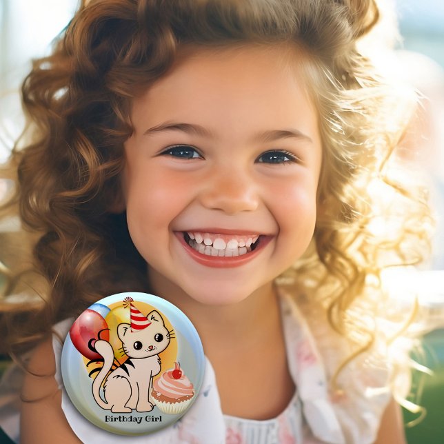Niedliche Farbige Kitty Birthday Taste Button (Cute kitty festive birthday button featuring a kitten with balloons and a cupcake - birthday girl)