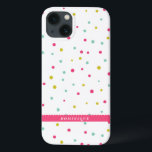 Niedliche Farbige Konfetti Dots Muster Personalisi iPhone 13 Hülle<br><div class="desc">Die farbenfrohe und moderne iPad Mini-Hülle ist mit einem hellrosa,  blauen und dunkelgelben Polka-Dotter-Muster mit einem hellrosa Sakallop-Edge-Anhänger versehen. Dieses personalisierte Gehäuse wird als Geburtstag- und Urlaubsgeschenk perfekt sein.</div>