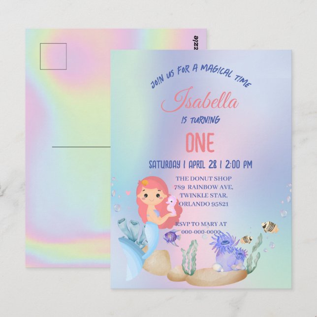 Niedliche farbige Meerjungfrau Rainbow Geburtstags Postkarte (Vorne/Hinten)