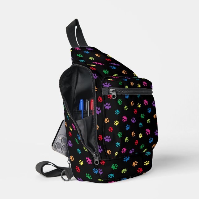 Niedliche farbige Paw-Druckmuster Schwarz Crossbody Bag (Offen)
