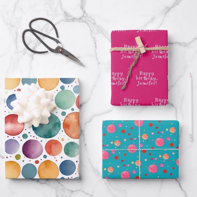 Niedliche farbige Punkte Türkis Wasserfarbe Geburt Geschenkpapier Set (Vorderseite)