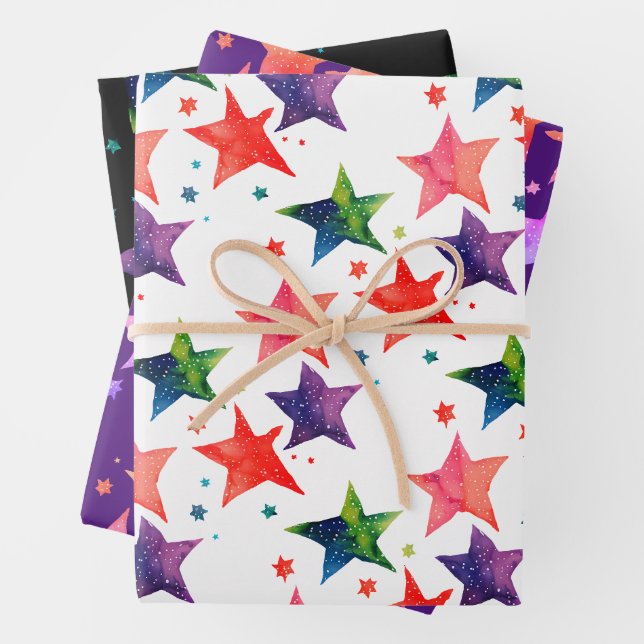 Niedliche Farbige Sterne Stille Nachtgalaxie Wasse Geschenkpapier Set (Beispiel)