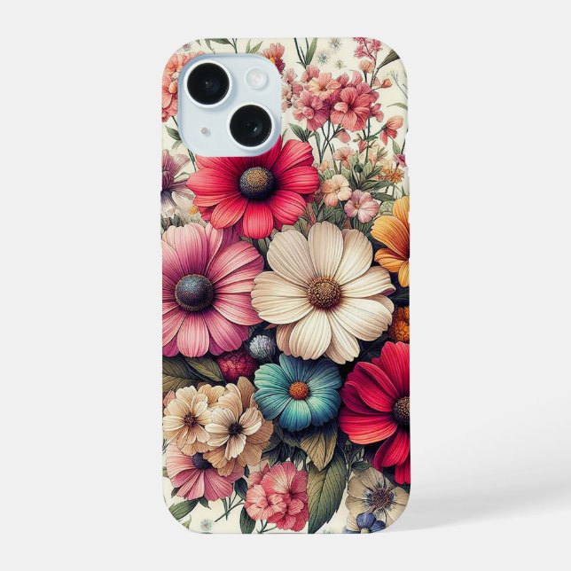 Niedliche Farbige Vintage Blume Collage iPhone 15 Hülle (Rückseite)