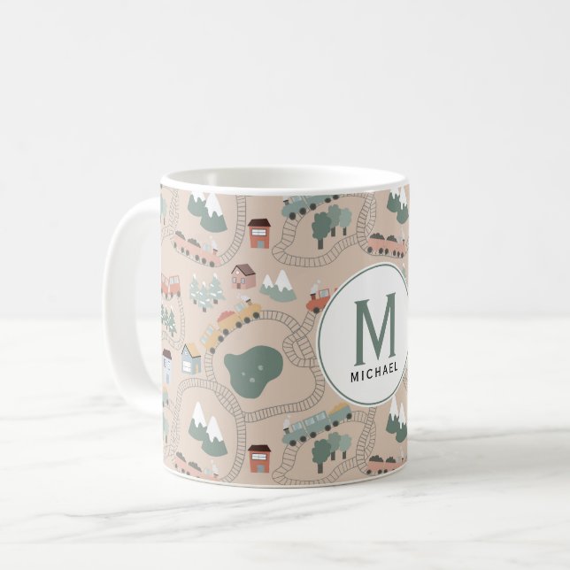 Niedliche farbige Züge auf Zugschienen Kids Monogr Kaffeetasse (Vorderseite Links)
