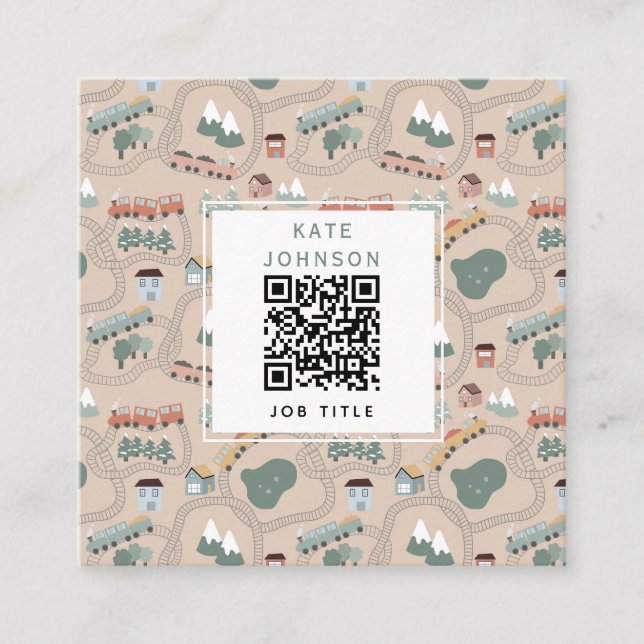 Niedliche farbige Züge auf Zugtrassen QR-Code Quadratische Visitenkarte (Vorderseite)