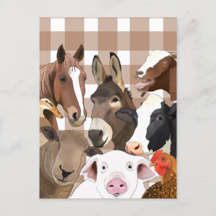 Niedliche Farm Animal Portrait Gingham Karo - Brow Postkarte