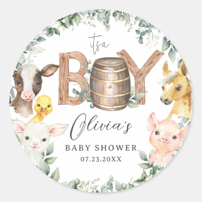 Niedliche Farm Animals Greenery Boy Barn Baby Dusc Runder Aufkleber (Vorderseite)