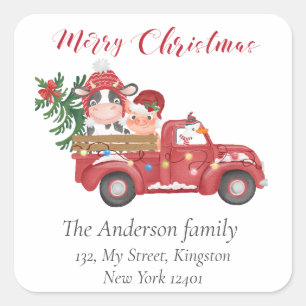 Niedliche Farm Animas Weihnachtsroter LKW, Heilige Quadratischer Aufkleber