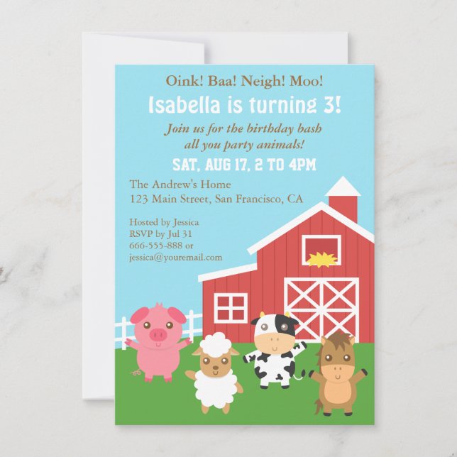 Niedliche Farm Barnyard Animal Birthday Party Einladung (Vorderseite)