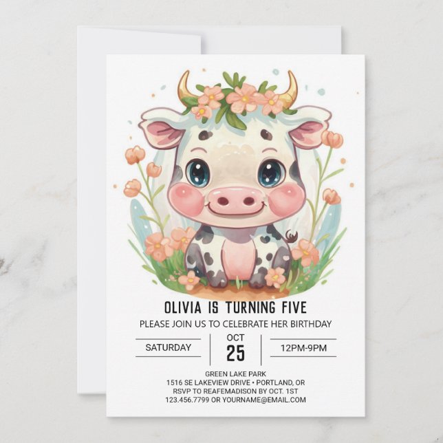Niedliche Farm Girly Cow Geburtstag Einladung (Vorderseite)