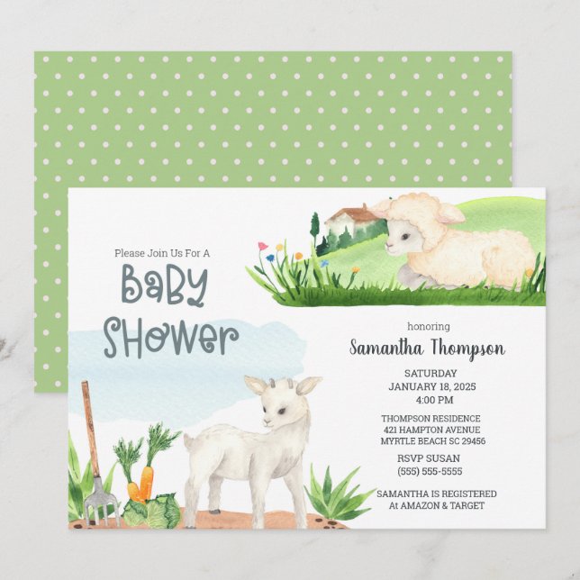 Niedliche Farm Lamb Green Boys Kinderdusche Einlad Einladung (Vorne/Hinten)
