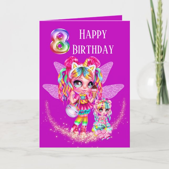 Niedliche Fee 8. Geburtstag Regenbogen animiert Ma Karte (Vorderseite)