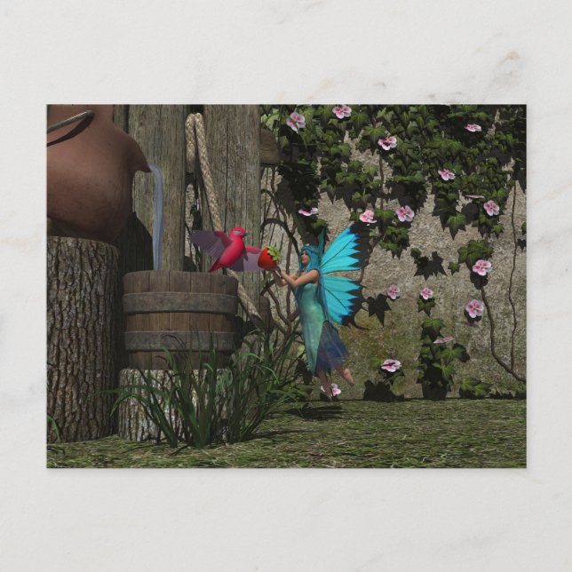 Niedliche Fee Füttre einen Vogel Postkarte (Vorderseite)