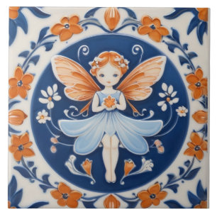 Niedliche Fee mit einer Blume Blau & Orange floral Fliese