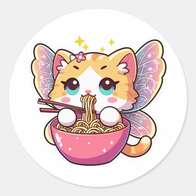 Niedliche Feenkatze frisst Ramen-Nudeln Runder Aufkleber (Vorderseite)