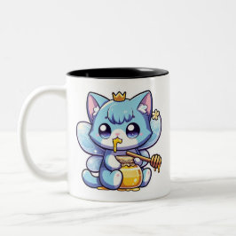 Niedliche Feenkatze frisst rohen Honig Zweifarbige Tasse