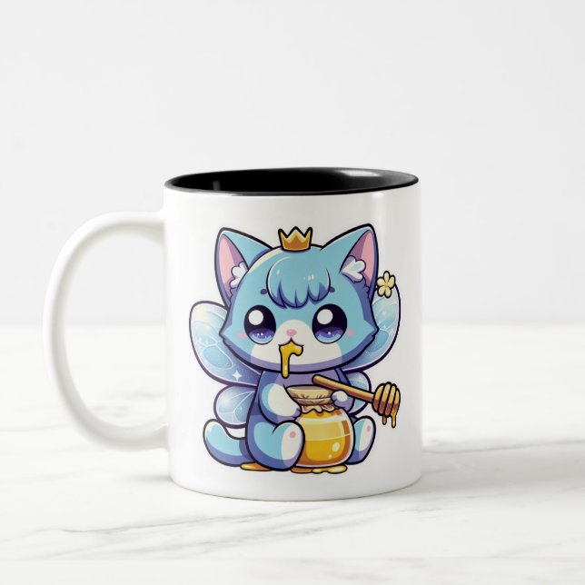 Niedliche Feenkatze frisst rohen Honig Zweifarbige Tasse (Links)