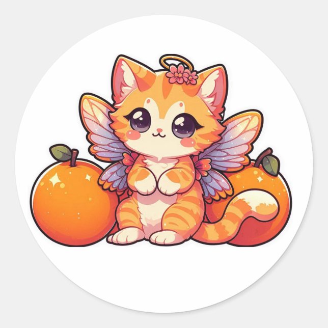 Niedliche Feenkatze mit Orangen Runder Aufkleber (Vorderseite)