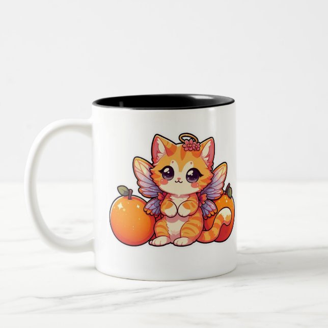 Niedliche Feenkatze mit Orangen Zweifarbige Tasse (Links)