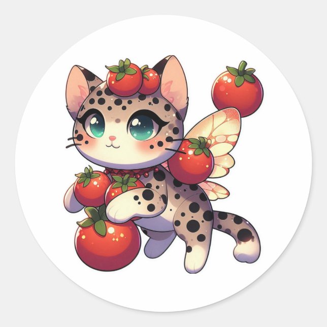 Niedliche Feenkatze mit Tomaten Runder Aufkleber (Vorderseite)