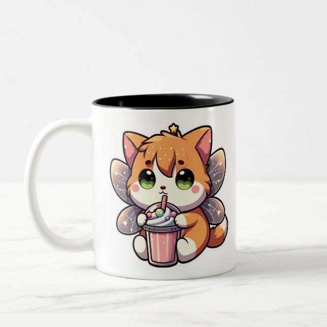 Niedliche Feenkatze trinkt Milchshake Zweifarbige Tasse (Links)