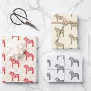 Niedliche Feiertage Skandinavien Rot Beige und Gra Geschenkpapier Set