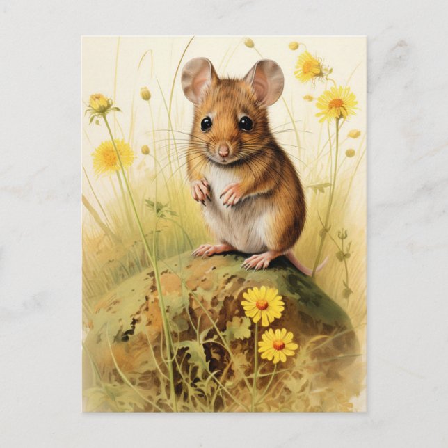 Niedliche Feldmäuse mit gelben Blumen Postkarte (Vorderseite)